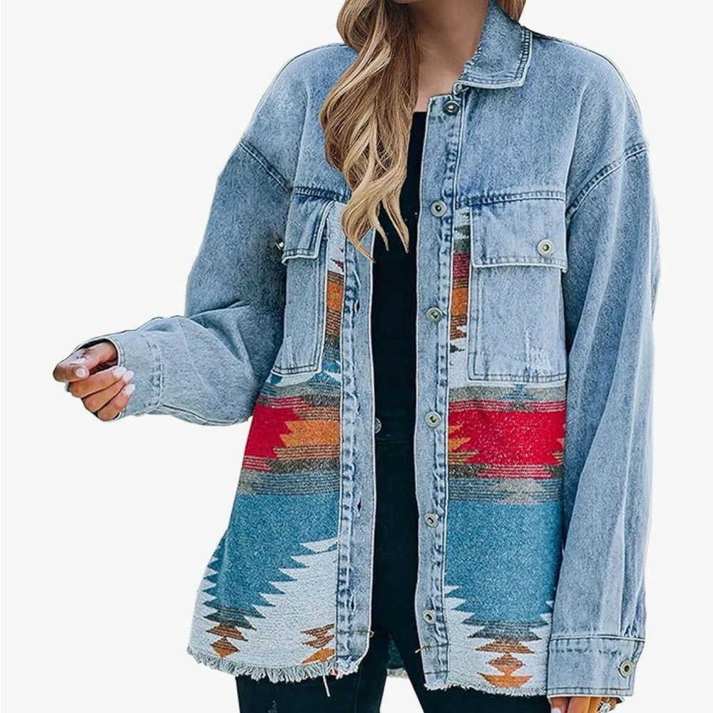 Zaful Womens Aztec Southwestern Denim Jacket Shacket Blue Red Size S New